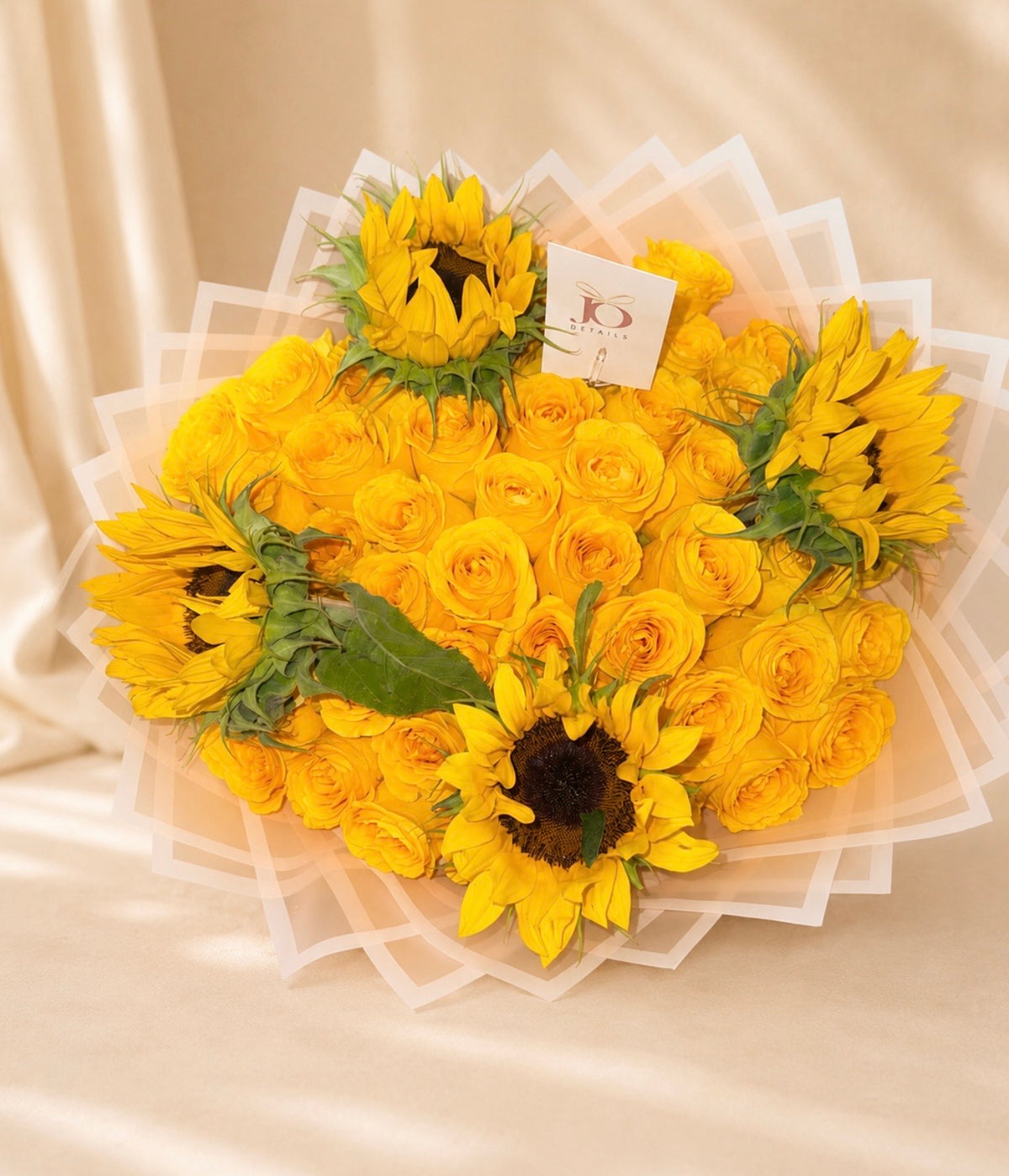 Bouquet of 50 yellow roses with sunflower accents by JoDetails