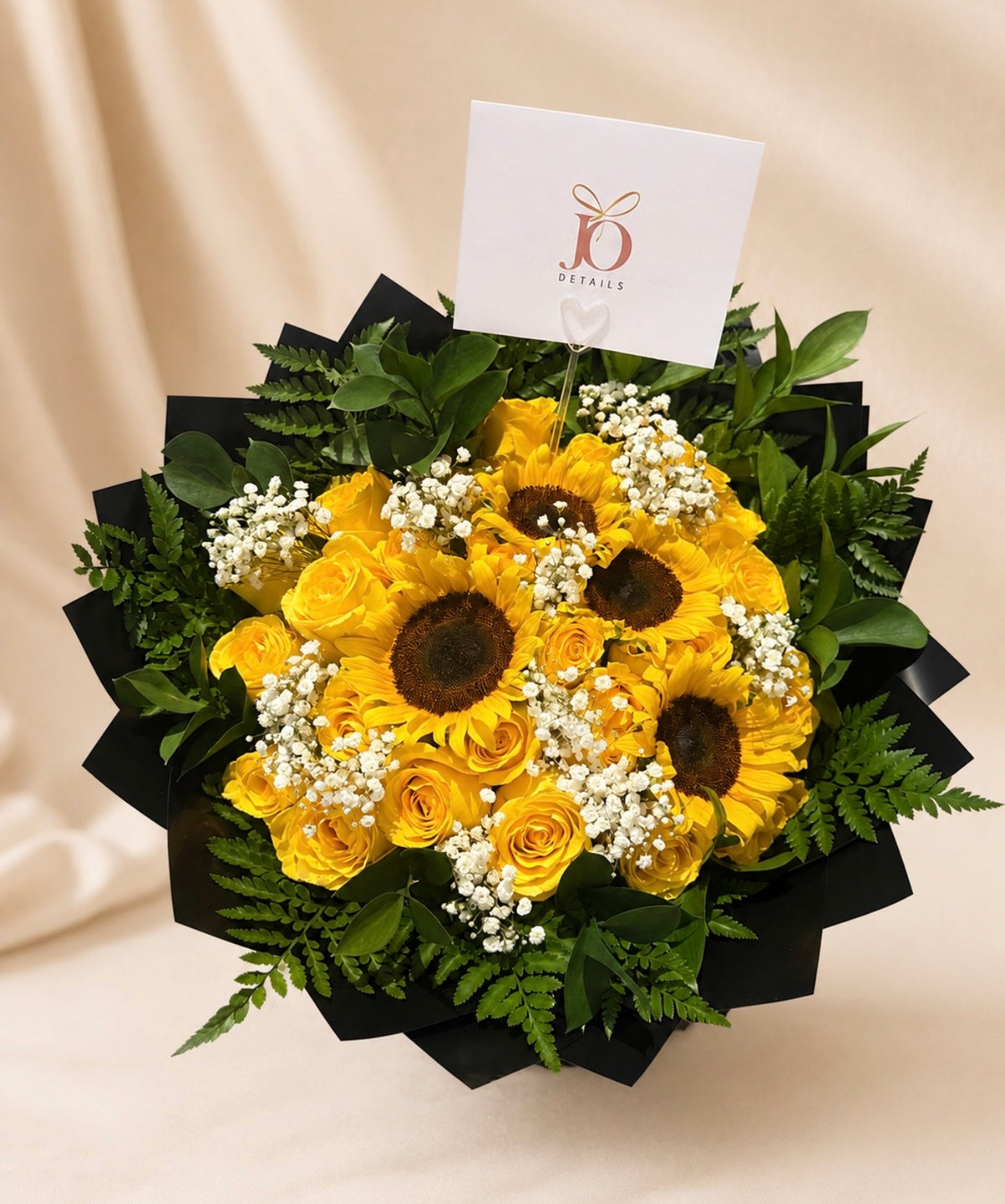 Bouquet of yellow roses and sunflowers with greenery by JoDetails
